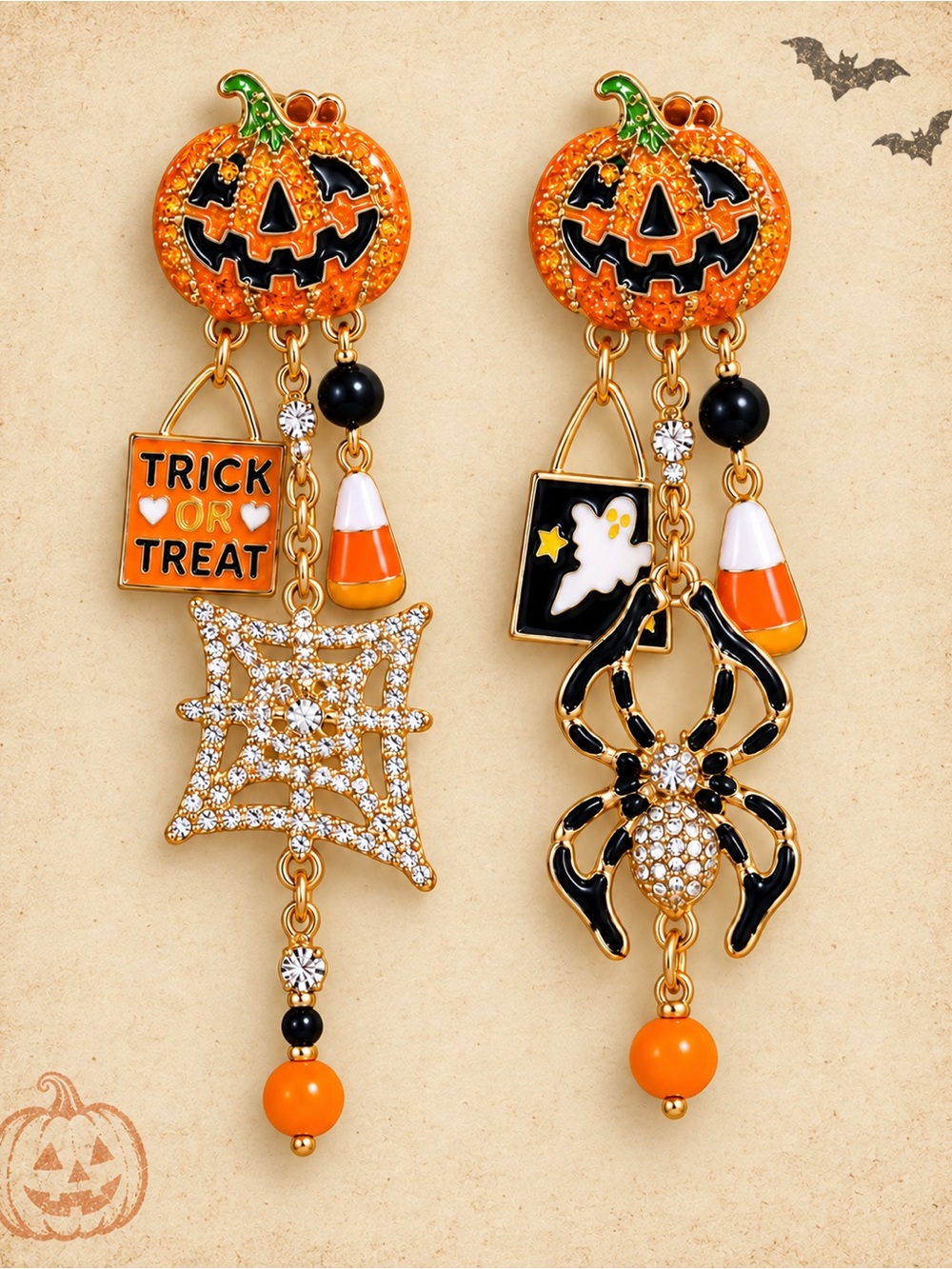 Halloween Pumpkin & Spider Dangle Earrings - Picture 2 of 3